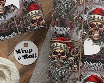 Unholy Night Christmas Wrapping Paper | Skull Santa Creepmas Gift Wrap | Metal Goth Horror Holiday Paper for Men, Metalheads and Fans