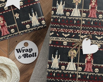 Vampire Slayer Wrapping Paper Roll, Goth Ugly Sweater Gift Wrap, Horror Movie Christmas Paper, Spooky Creepmas Packaging Sheets