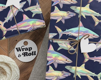 Iridescent Shark Wrapping Paper | Low Poly Ocean Gift Wrap | Geometric Holo Animal Paper | All Occasion Shark Lover Gift