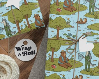 Fishing Bear & Wolf Wrapping Paper | Whimsical Lake Life Gift Wrap | Little Fisherman Adventure Paper for Baby Shower, Birthday Dad