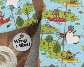 Canoeing Bear Wrapping Paper | Kayaking Fox Gift Wrap | Whimsical Outdoor Adventure Paper for Little Explorer Birthday & Baby Shower
