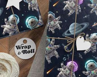 Uroczy papier do pakowania z astronautą Tardigrade | Papier do pakowania prezentów z misiem wodnym w kosmosie | Papier o tematyce naukowej | Fantazyjny na każdą okazję