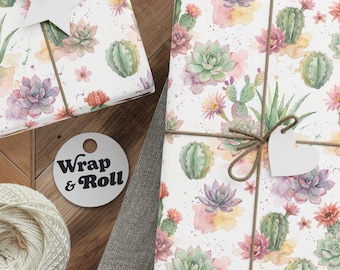 Watercolor Cactus Wrapping Paper | Succulent Desert Gift Wrap | Pastel Botanical Plant Paper For Boho Birthdays & Bridal Showers