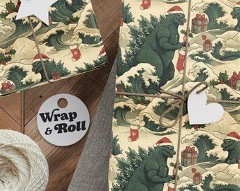 Godzilla-Geschenkpapier | Lustiges Weihnachtsmonster-Geschenkpapier | Weihnachtspapier aus der japanischen Kaiju-Edo-Ära | Einzigartiges Weihnachtsdeko-Geschenk für Sie/Ihn