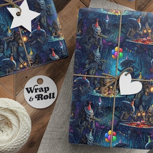 Alien vs Predator Party Wrapping Paper | Funny Sci-Fi Gift Wrap | White Elephant | All Occasion Horror Gag Gift