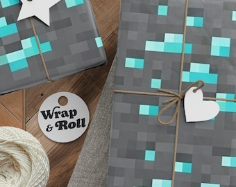 Diamond Ore Gaming Gift Wrap | Gray & Cyan Pixel Wrapping Paper | Gamer Birthday Party Supplies | Nerd Gift Wrap | Retro Pixel Art Paper