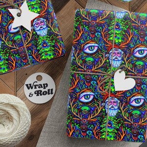 May include: Wrapped gifts with colorful psychedelic patterns featuring Santa Claus, eyes, and reindeer. The gifts are tied with twine and adorned with star and heart-shaped tags. A spool of twine, scissors, and tags are also visible.