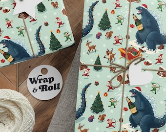 Funny Godzilla Christmas Wrapping Paper | Kaiju North Pole Gift Wrap | Monster Holiday Paper | All Occasion Humor