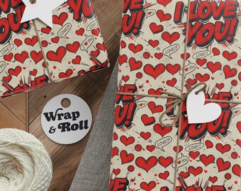 Comic Book I Love You Wrapping Paper | Pop Art Valentine's Day Gift Wrap | Retro Superhero Style Hearts Paper for Anniversary & Movie Fans