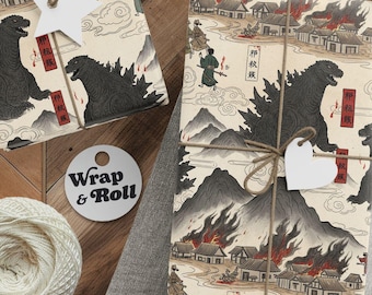 May include: Gift wrapping paper featuring a repeating illustration of a black monster, burning buildings, mountains, and figures in traditional attire on a cream background. The paper is tied with brown twine and includes white star and heart tags.