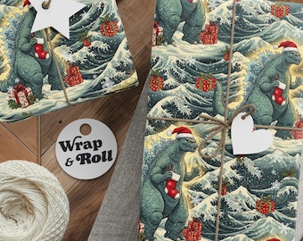 Godzilla Christmas Wrapping Paper | Ukiyo-e Kaiju Gift Wrap | Funny Santa Monster Paper | White Elephant Gag Gift