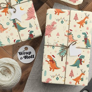 Dinosaur Christmas Wrapping Paper, Cute Dino Holiday Gift Wrap, Kids Xmas Paper for Boys, Tree Rex Festive Sheets, Whimsical Santa Present