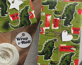 Retro Godzilla Wrapping Paper | Comic Book Kaiju Gift Wrap | Japanese Monster Paper | All Occasion Pop Art