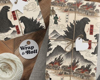 Japanisches Kunst-Godzilla-Vintage-Geschenkpapier | Ukiyo-e Kaiju-Geschenkpapier | Samurai vs. Monster-Papier | Horror für alle Anlässe