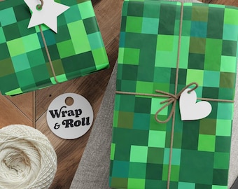 Pixel Gaming Gift Wrap | Green Block Pattern Wrapping Paper | Gamer Birthday Party Supplies | Nerd Gift Wrap | Retro Pixel Art Paper