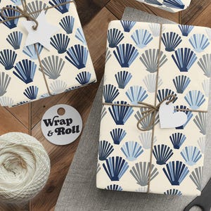 Blue Seashell Wrapping Paper | Coastal Nautical Scallop Shell Gift Wrap | Something Blue Wedding Paper for Beach House Baby Shower