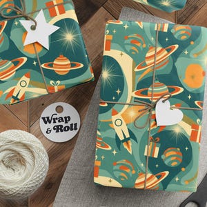 Vintage Cosmic Christmas Wrapping Paper | Retro Space Gift Wrap | Mid Century Modern Holiday | Atomic Age Rocket Ship Paper