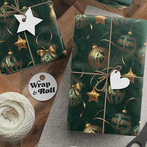 Elegant Christmas Wrapping Paper | Emerald Green Gift Wrap | Gold Ornament Holiday Paper | Luxury Vintage Print | Traditional Decor