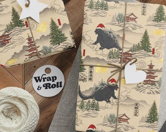 Papel de embrulho de Natal com tema Godzilla de arte japonesa | Papel de embrulho para presente Ukiyo-e Kaiju | Papel de monstro do Papai Noel | Terror natalino