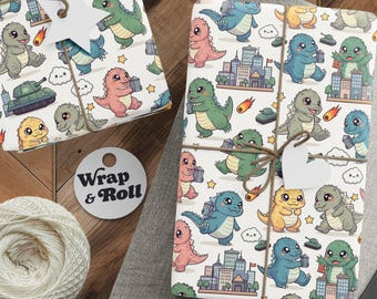 Kawaii Godzilla Wrapping Paper | Cute Monster City Gift Wrap | Japanese Kaiju Birthday Paper | All Occasion Kids Gift