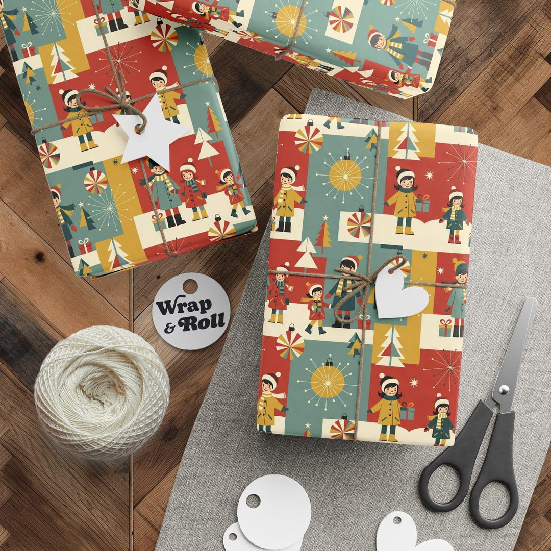 Vintage Christmas Wrapping Paper | Mid-century Modern Retro Kids Gift ...