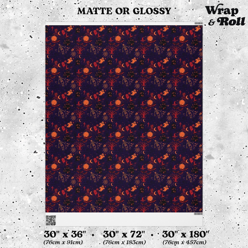 Gothic Halloween Wrapping paper | Orange and Purple Spooky Gift Wrap | Horror Birthday Paper | All Occasion Dark Decor image 6