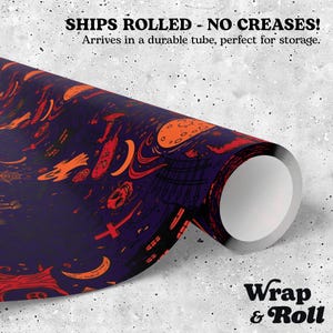 Gothic Halloween Wrapping paper | Orange and Purple Spooky Gift Wrap | Horror Birthday Paper | All Occasion Dark Decor image 2