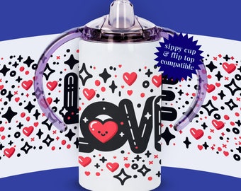 Love 12oz Sublimation Pink Sippy Cup 3d Lovely Doodles for Kids Straight Tumbler Wrap PNG Instant Download Flip Top Compatible