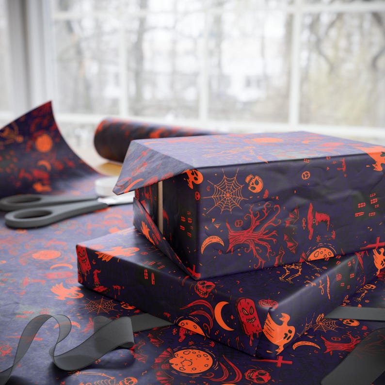 Gothic Halloween Wrapping paper | Orange and Purple Spooky Gift Wrap | Horror Birthday Paper | All Occasion Dark Decor image 3
