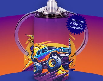 Monster Truck 12oz Straight Sublimation Sippy Cup Colorful Race Toys Inspired Kids Tumbler Wrap PNG Instant Download Flip Top Compatible