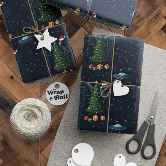 Sci-Fi Horror Christmas Wrapping Paper | Funny Alien Gift Wrap | Galaxy Monster Holiday | Nerdy Space UFO Print