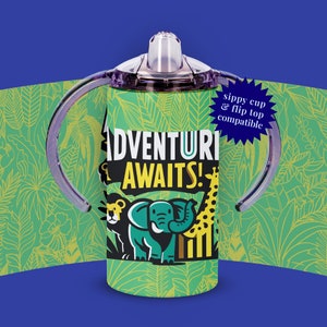 Jungle Adventure 12oz Straight Sublimation Sippy Cup Adventure Awaits Kids Tumbler Wrap PNG Instant Download Flip Top Compatible