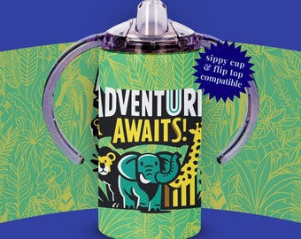 Jungle Adventure 12oz Straight Sublimation Sippy Cup Adventure Awaits Kids Tumbler Wrap PNG Instant Download Flip Top Compatible