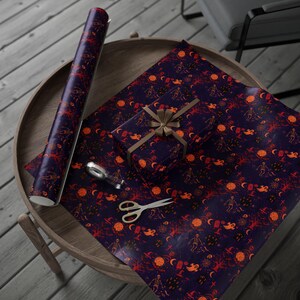 Gothic Halloween Wrapping paper | Orange and Purple Spooky Gift Wrap | Horror Birthday Paper | All Occasion Dark Decor image 5