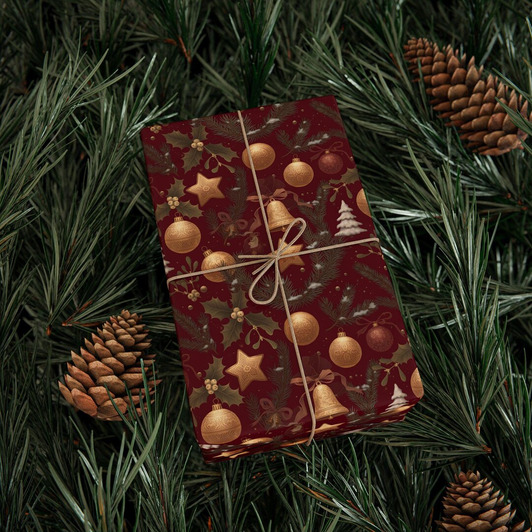 Burgundy & Gold Wrapping Paper | Elegant Christmas Gift Wrap | Ornate ...