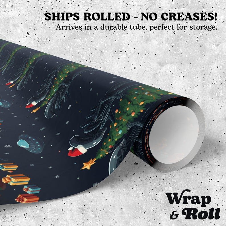 Sci-Fi-Horror-Weihnachtsgeschenkpapier | Lustiges Alien-Geschenkpapier | Feiertagsgeschenkpapier mit Galaxie-Monstern | Nerdiger Weltraum-UFO-Druck Bild 2