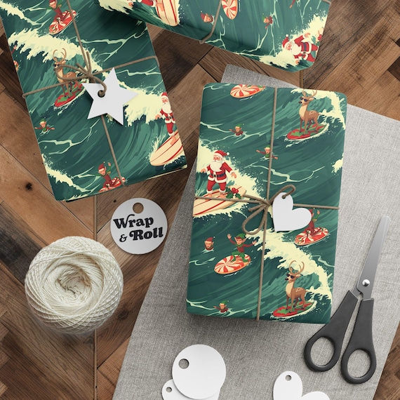 Surfing Santa Wrapping Paper | Funny Christmas Gift Wrap | Beach Xmas Paper |  Vintage Xennial Gen Z Tropical Holiday Reindeer Surfer Gift