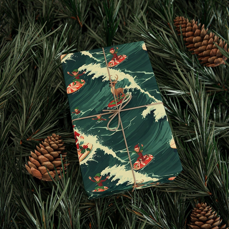 Surfing Santa Wrapping Paper | Funny Christmas Gift Wrap | Beach Xmas Paper | Vintage Xennial Gen Z Tropical Holiday Reindeer Surfer Gift image 4