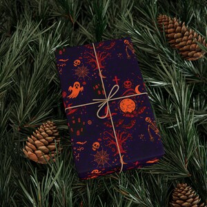 Gothic Halloween Wrapping paper | Orange and Purple Spooky Gift Wrap | Horror Birthday Paper | All Occasion Dark Decor image 4