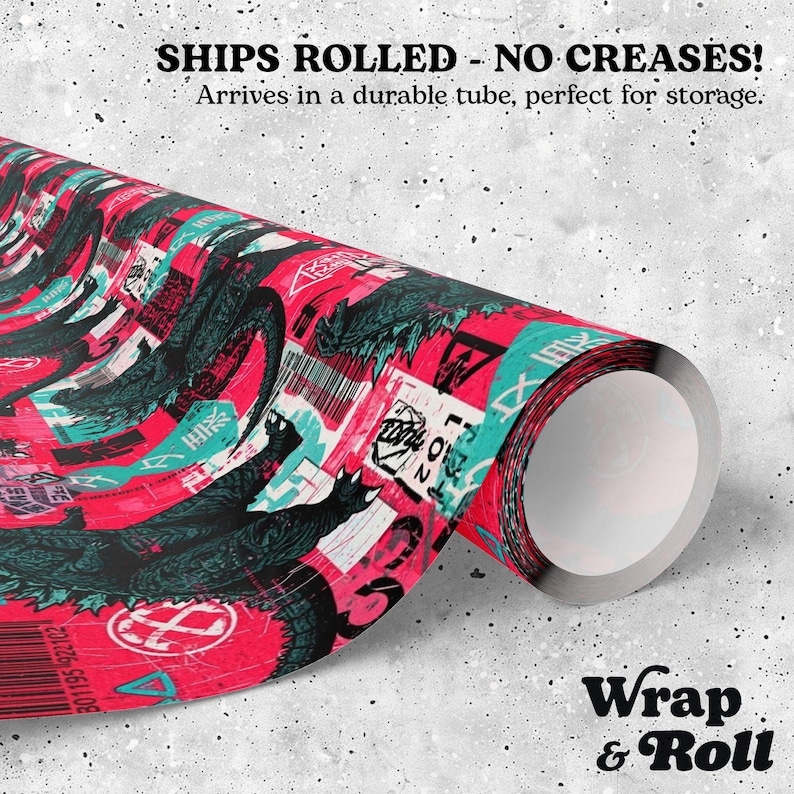 Street Art Godzilla Wrapping Paper | Graffiti Kaiju Gift Wrap | Urban Monster Paper | All Occasion Pop Art Gift image 2