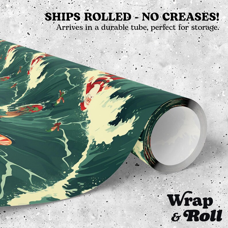 May include: A roll of wrapping paper featuring a dark green ocean scene with Santa Claus surfing on waves. The text SHIPS ROLLED - NO CREASES! Arrives in a durable tube, perfect for storage. is printed at the top, and Wrap & Roll is at the bottom.