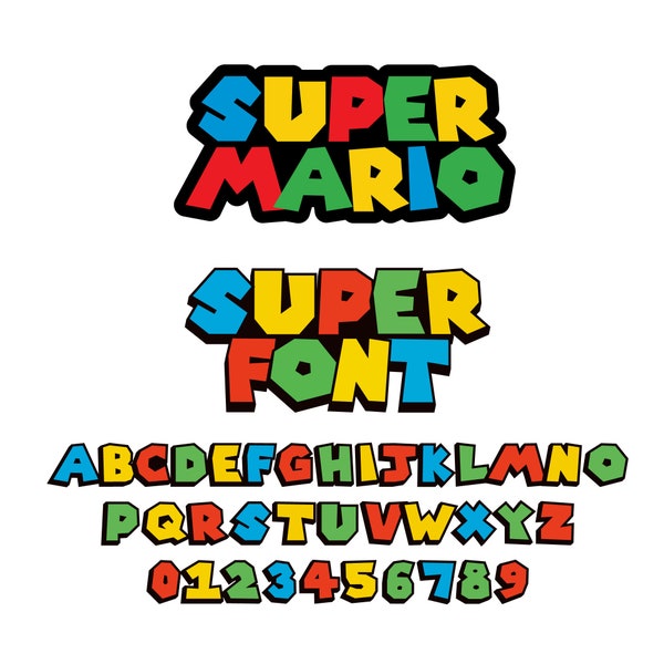 Super Mario polices Svg, typographie de Mario bros, super mario cool police lettres Svg pdf eps ai téléchargement numérique de vecteur