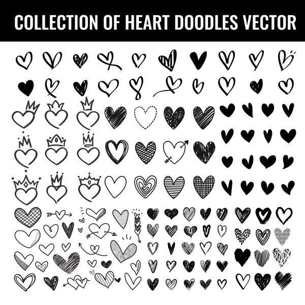 Black Heart Collection SVG,  Set of Heart Doodles Vector Scribble Printable Digital file Instant download