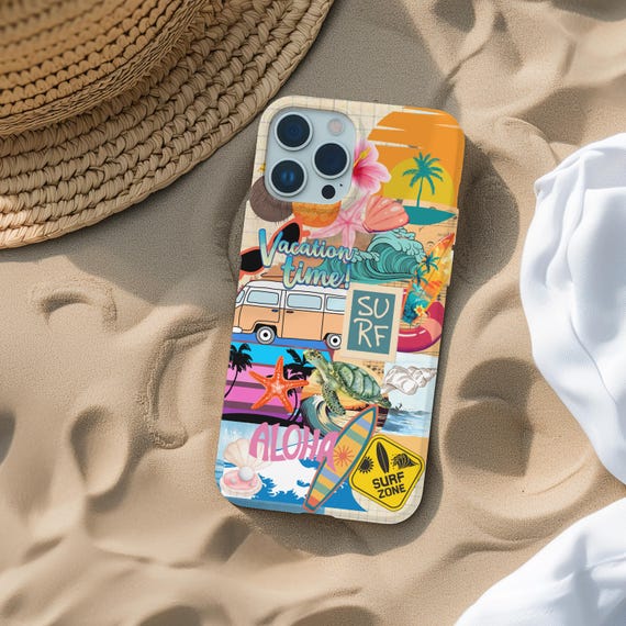 Summer Collage Phone Case, Surfer Coconut Girl Beach Phone Case