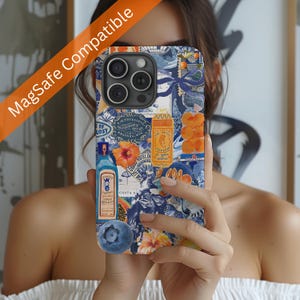 Italian Summer Collage Blue MagSafe Phone Case, European Summer Preppy Case, Mediterran Vacation Scrapbook, iPhone 16 15 14 13 Pro Max Plus