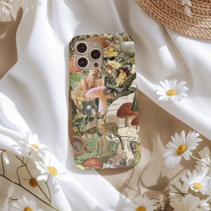 Cottagecore Wildflower Phone Case, Mushroom Collage iPhone Case, iPhone 16 Pro Max 15 14 13 12 11 Plus, Samsung S24 Ultra S23 S22 S21 S20