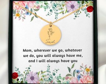 Birth Month Flower Necklace, Mothers Day Presents, Mom Name Necklace, Custom Engraved Necklace, Birth Flower Bouquet, Birth Flower Jewelry