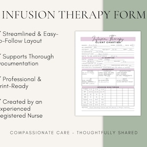 May include: An Infusion Therapy Form document featuring sections for client charting, IV insertion, assessment, and infusion monitoring. The page includes text headers, check boxes, and tables for clinical data entry, with a light purple accent colour.