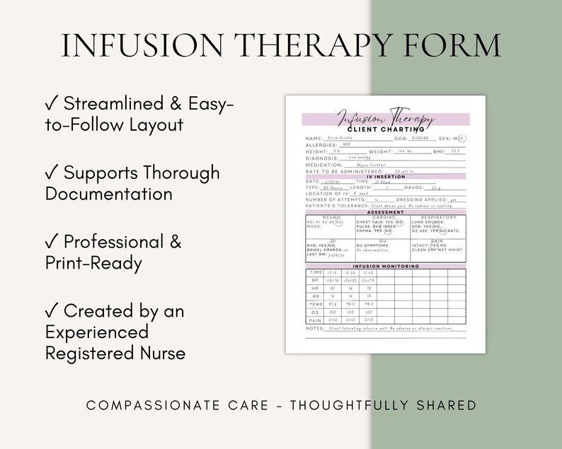 May include: An Infusion Therapy Form document featuring sections for client charting, IV insertion, assessment, and infusion monitoring. The page includes text headers, check boxes, and tables for clinical data entry, with a light purple accent colour.