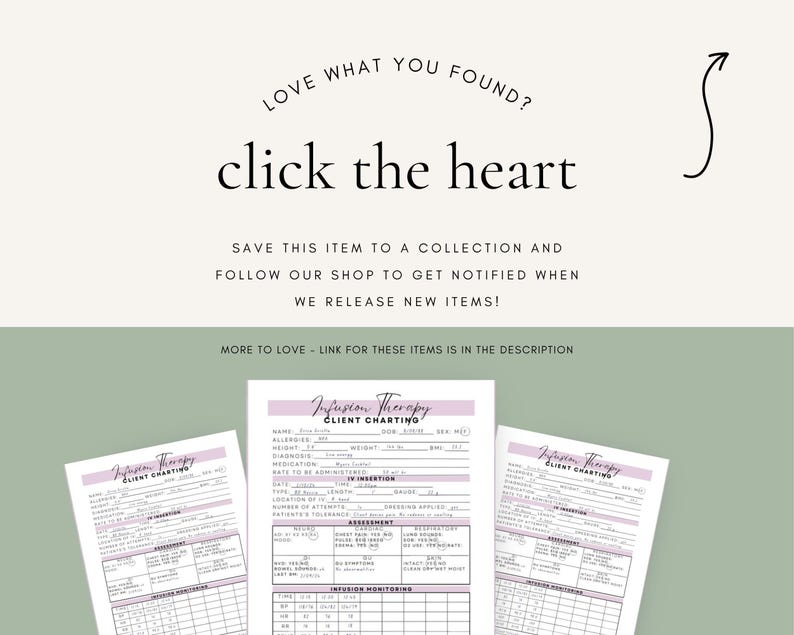 May include: Three white Infusion Therapy Client Charting forms with purple headers and black text. The forms include sections for patient information, IV insertion details, assessment notes, and infusion monitoring grids with rows and columns.